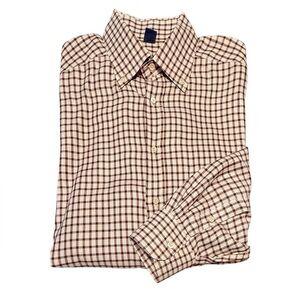 Jeff Rose 100% Cotton Golf Button Down Shirt Cream/Brown Check Plaid Large